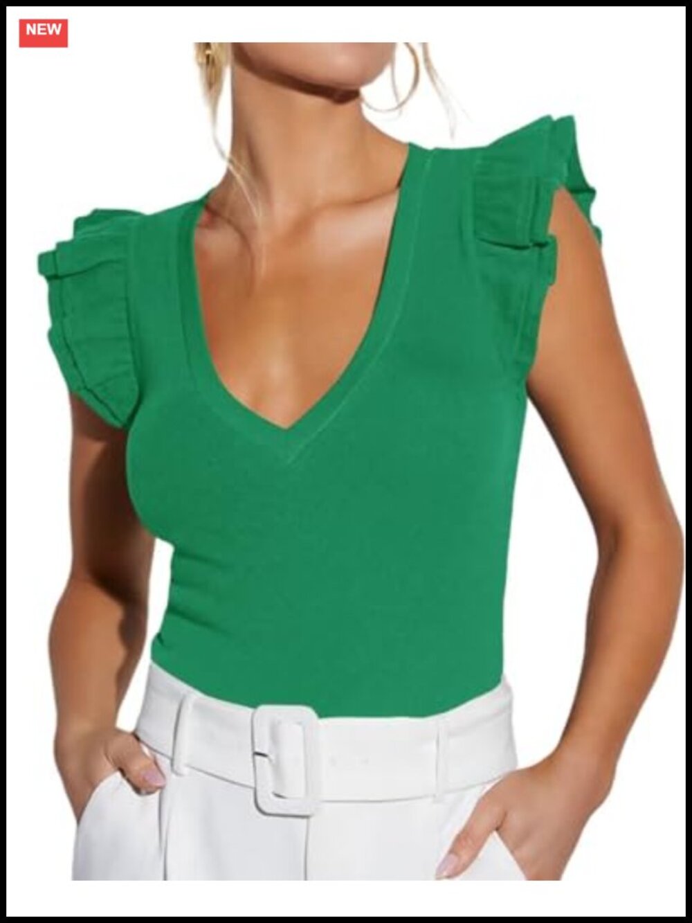 Ezbelle Women's Ribbed Knit Ruffle V-Neck Sleeveless Tank Top Blouse